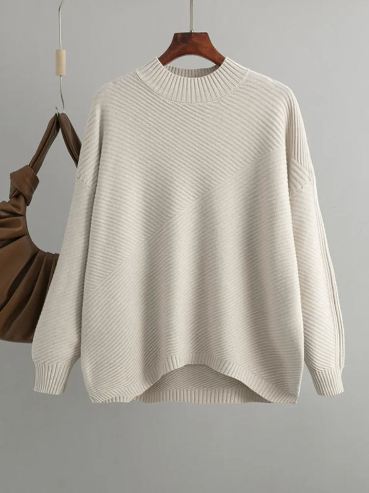 Women's oversized ribbed knit jumpers in yellow & purple, a versatile crew neck sweater for all seasons.