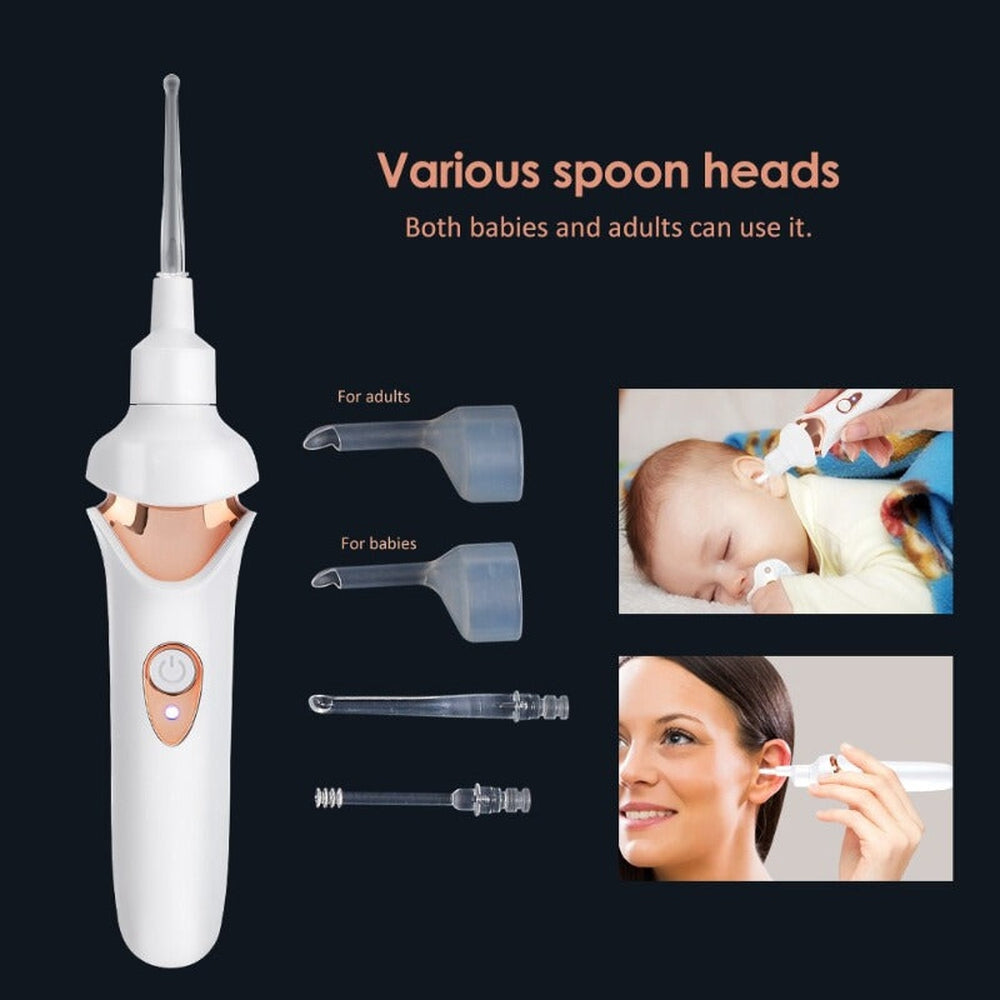 "Painless earwax vacuum cleaner with LED, white silicone tip, ergonomic design for gentle ear care, Health & Wellness product