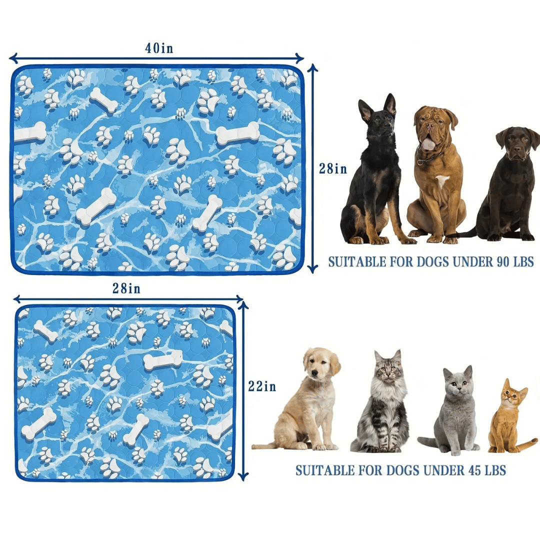 "Pale blue pet cooling mat on beige sofa provides comfort for dogs and cats during summer, featuring self-cooling ice silk fa