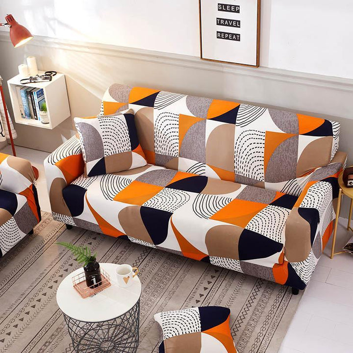 "Patterned Sunray Sofa Cover fitting snugly on a loveseat, with vibrant colors and a stylish design, enhances living space."