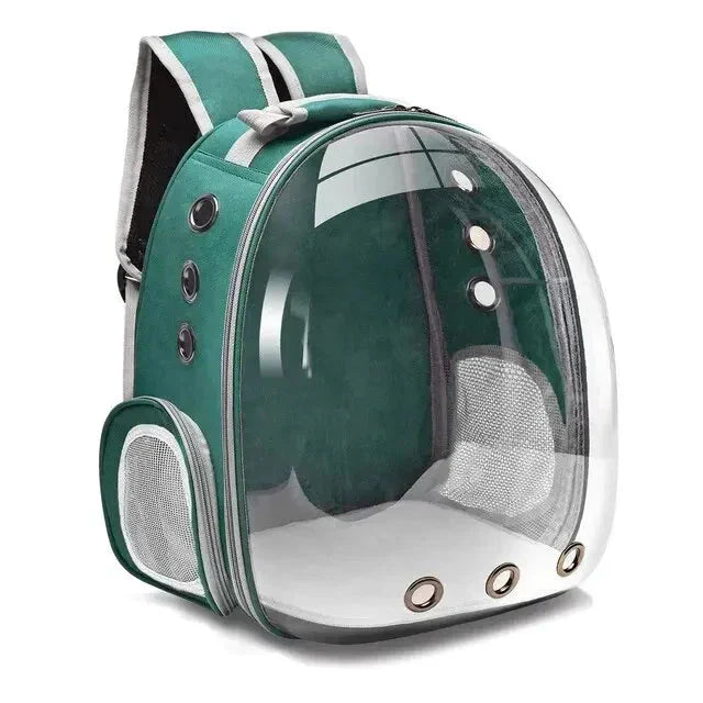 "Pet carrier with 360° view, transparent front, mesh windows, ergonomic straps; gray, green, pink, black options."