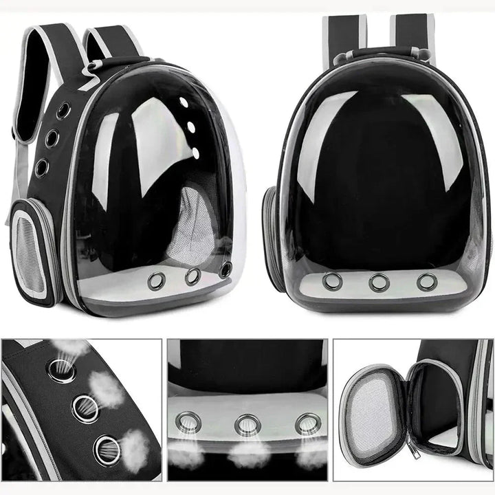 "Pet carrier with 360° view, transparent front, mesh windows, ergonomic straps; gray, green, pink, black options."