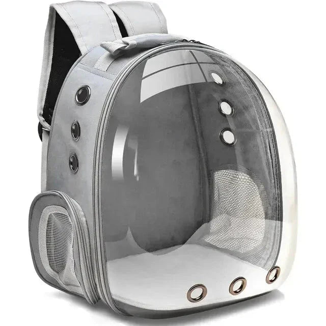 "Pet carrier with 360° view, transparent front, mesh windows, ergonomic straps; gray, green, pink, black options."