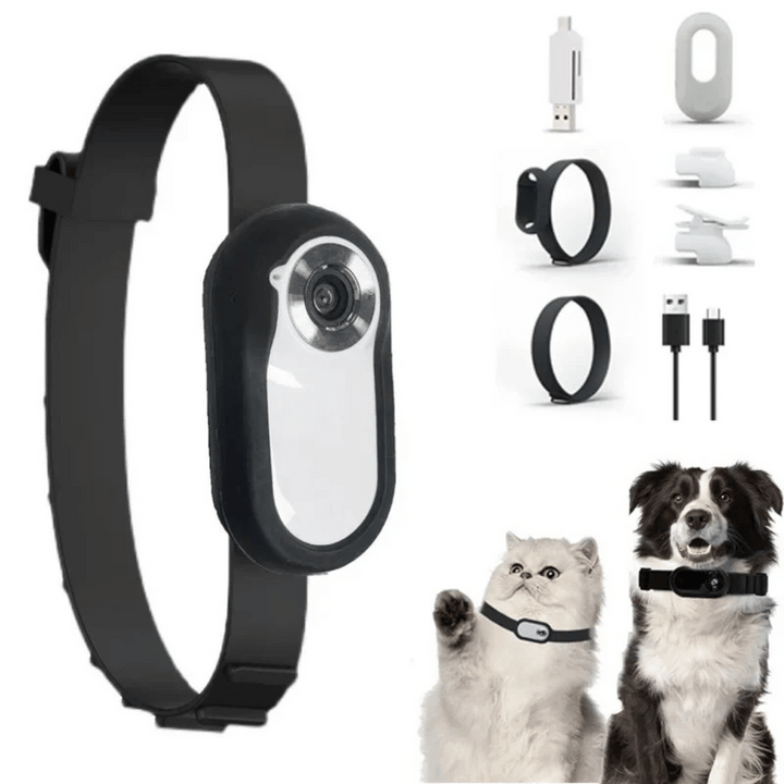 "Pet collar camera with 160° wide-angle lens and HD 1080P video, designed for cats and dogs, fits comfortably on collars."