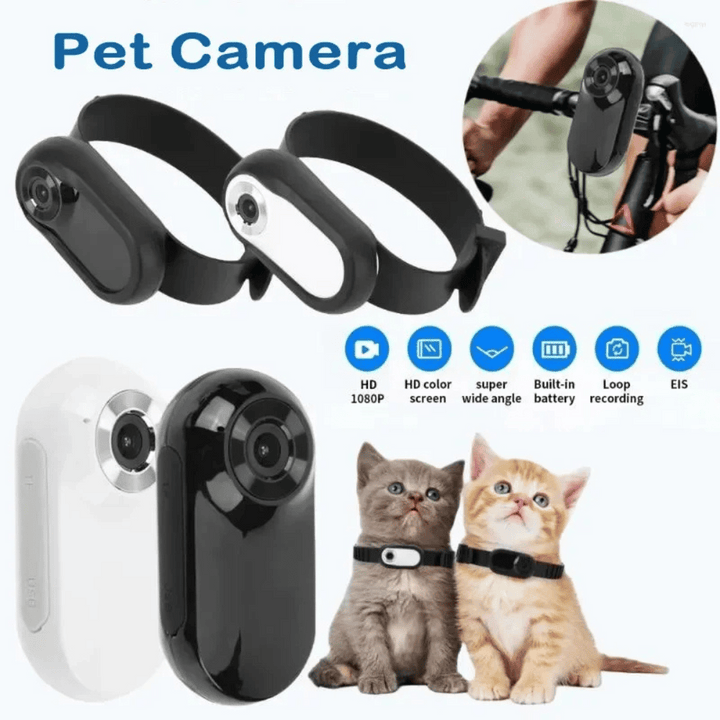 "Pet collar camera with 160° wide-angle lens and HD 1080P video, designed for cats and dogs, fits comfortably on collars."