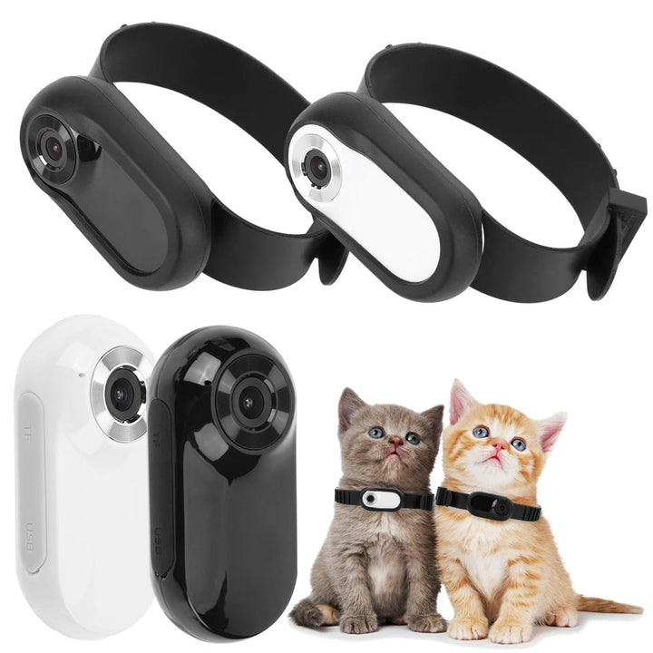 "Pet collar camera with 160° wide-angle lens and HD 1080P video, designed for cats and dogs, fits comfortably on collars."