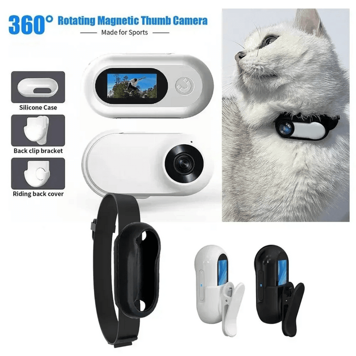 "Pet collar camera with 160° wide-angle lens and HD 1080P video, designed for cats and dogs, fits comfortably on collars."