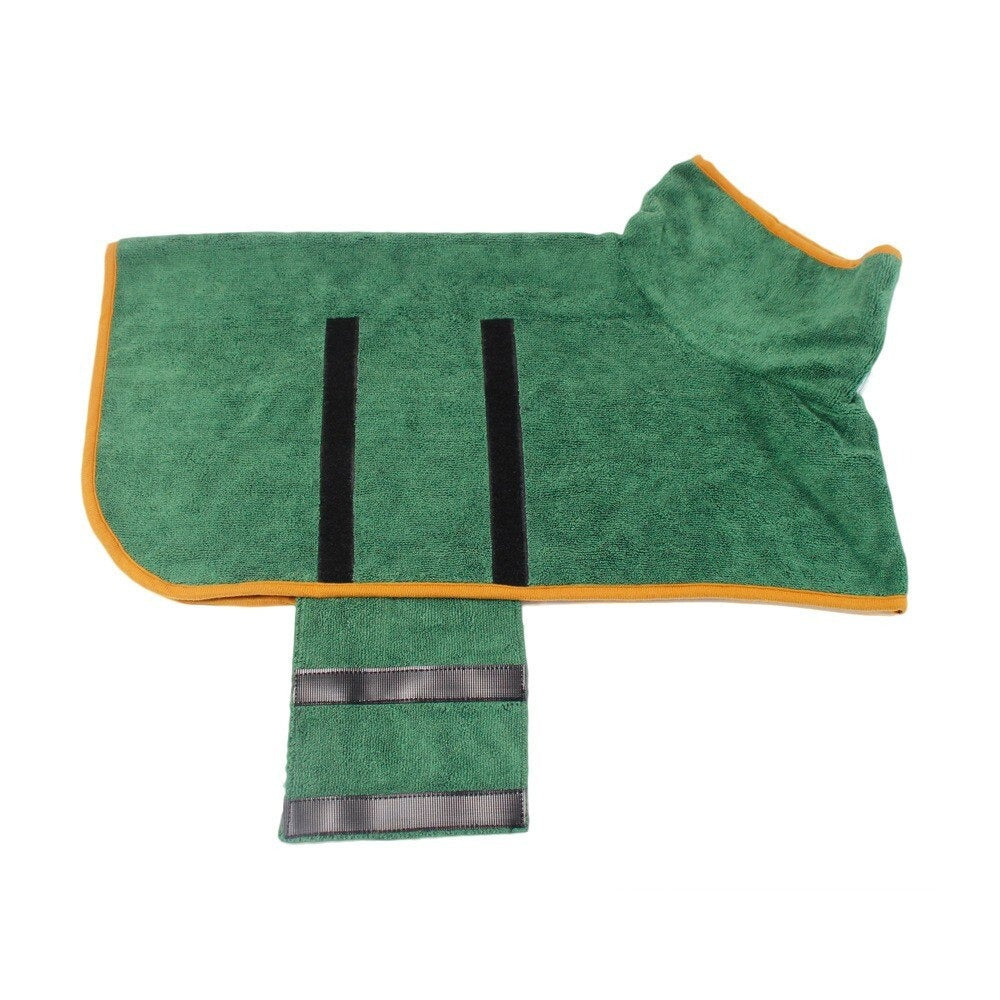 Pet dog absorbent towel robe, adjustable fit, multi-functional as bathrobe or nightgown, vibrant colors, fits all breeds.