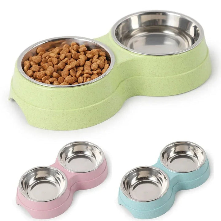 "Pet DualFeast Bowls for Food and Water, non-slip, double design, vibrant colors, durable, skid-resistant base for pets."
