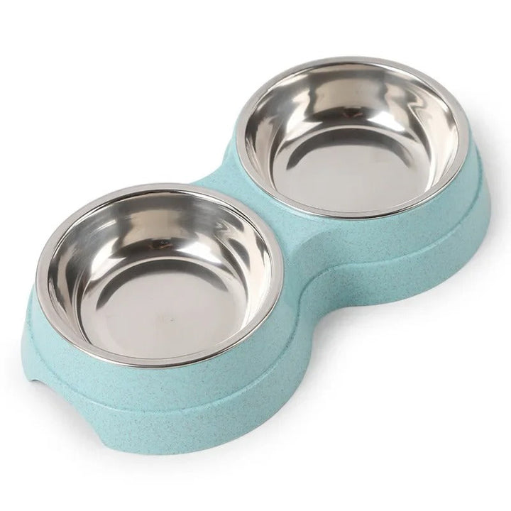 "Pet DualFeast Bowls for Food and Water, non-slip, double design, vibrant colors, durable, skid-resistant base for pets."