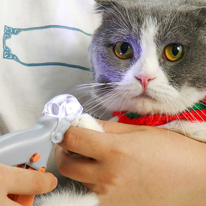 "Pet nail clipper with LED light, stainless steel blade, protective sensor for safe, precise dog and cat nail grooming."