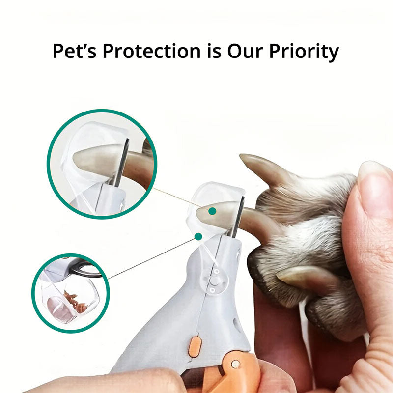"Pet nail clipper with LED light, stainless steel blade, protective sensor for safe, precise dog and cat nail grooming."