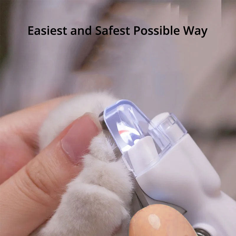 "Pet nail clipper with LED light, stainless steel blade, protective sensor for safe, precise dog and cat nail grooming."