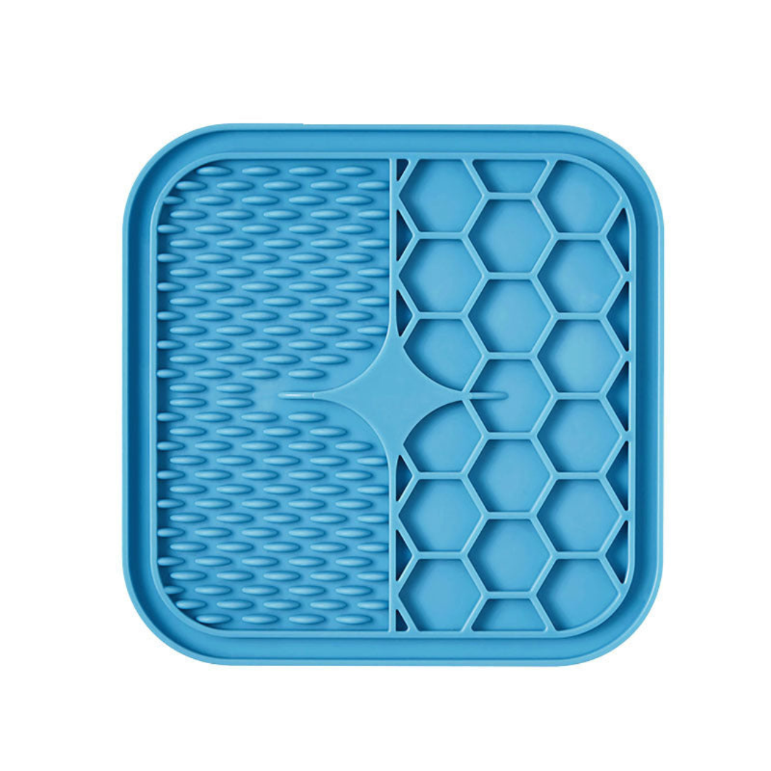 "Pet silicone lick mat in vibrant colors for stress relief and slow feeding; features textured surface for pets' wellness."