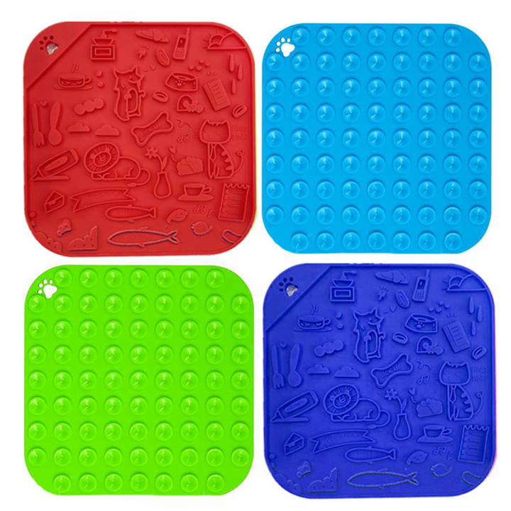 "Pet silicone lick mat in vibrant colors for stress relief and slow feeding; features textured surface for pets' wellness."