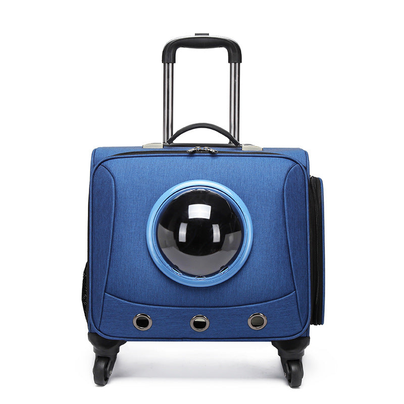 Pet travel capsule with panoramic window for cats and dogs, featuring ergonomic handles, durable wheels, and ample ventilatio