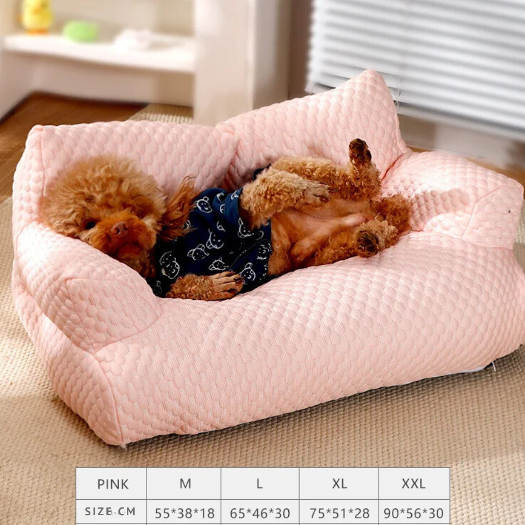 "PetChill Cooling Couch with ice silk fabric, ergonomic pet bed in soft hues, breathable design, perfect for hot days."