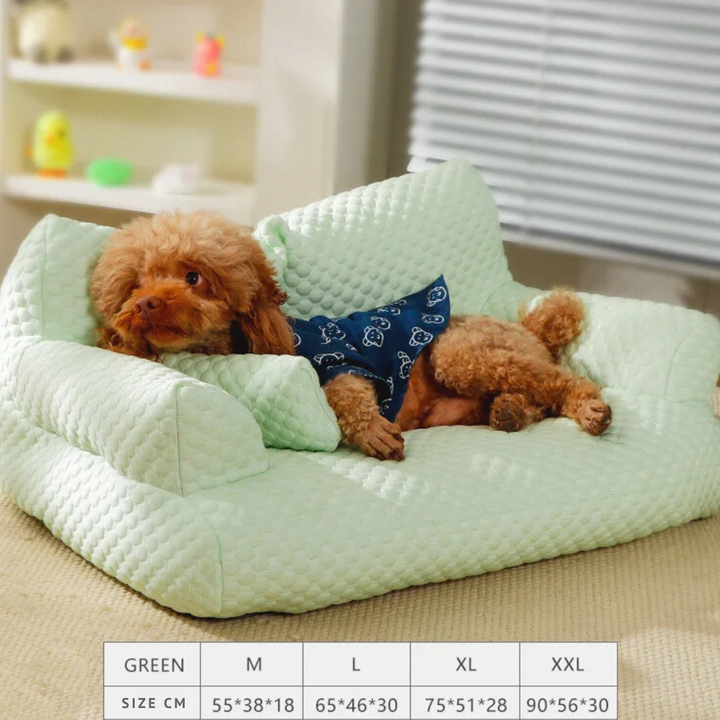 "PetChill Cooling Couch with ice silk fabric, ergonomic pet bed in soft hues, breathable design, perfect for hot days."