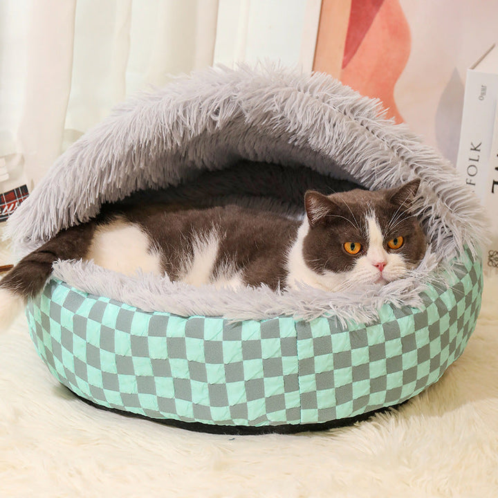 Plaid Warm Cat Cave with soft plush, semi-enclosed design; cozy pet retreat in blue, green, or pink fit for home decor.