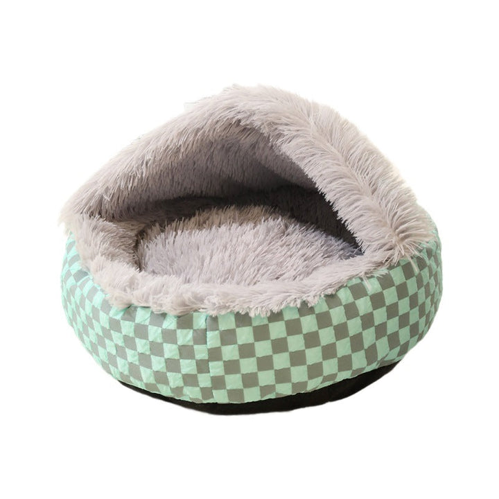 Plaid Warm Cat Cave with soft plush, semi-enclosed design; cozy pet retreat in blue, green, or pink fit for home decor.