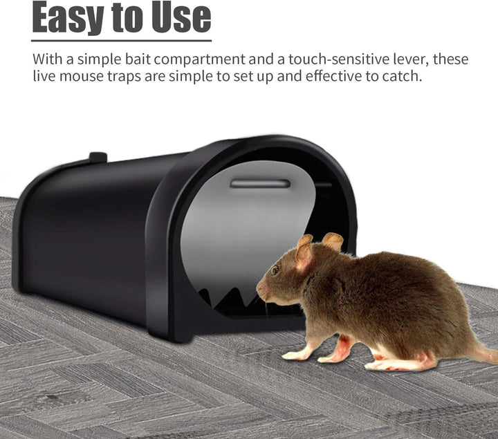 "Plastic rat trap cage with bionic design, sleek black finish, humane no-kill, efficient pest control, easy to use and clean.