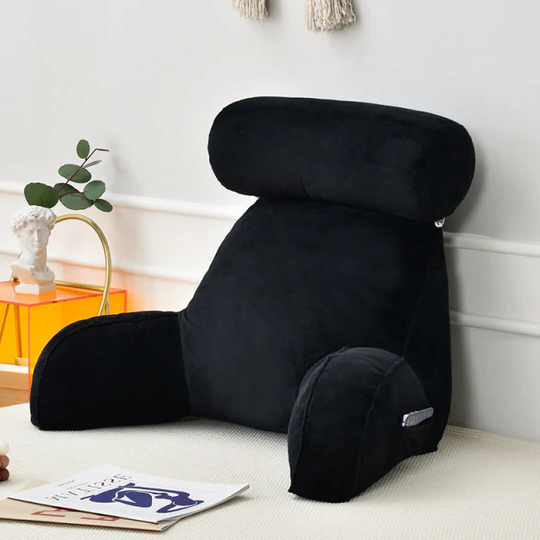"Plush backrest pillow with arms, adjustable headrest, soft velour cover, ergonomic design for neck and back support."