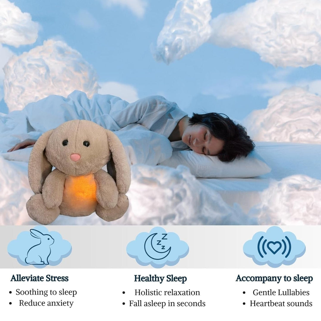 Plush teddy for kids with glowing nightlight, soothing heartbeat, realistic breathing; provides comfort and relaxation.