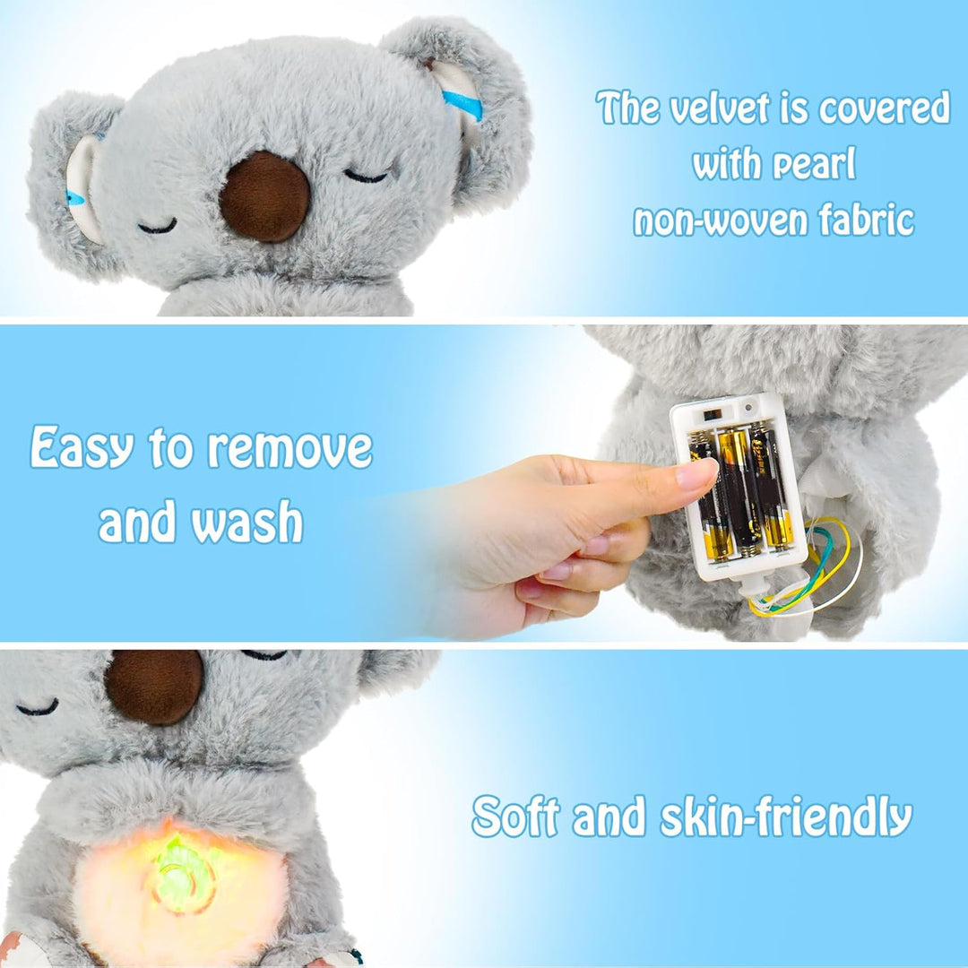 Plush teddy for kids with glowing nightlight, soothing heartbeat, realistic breathing; provides comfort and relaxation.