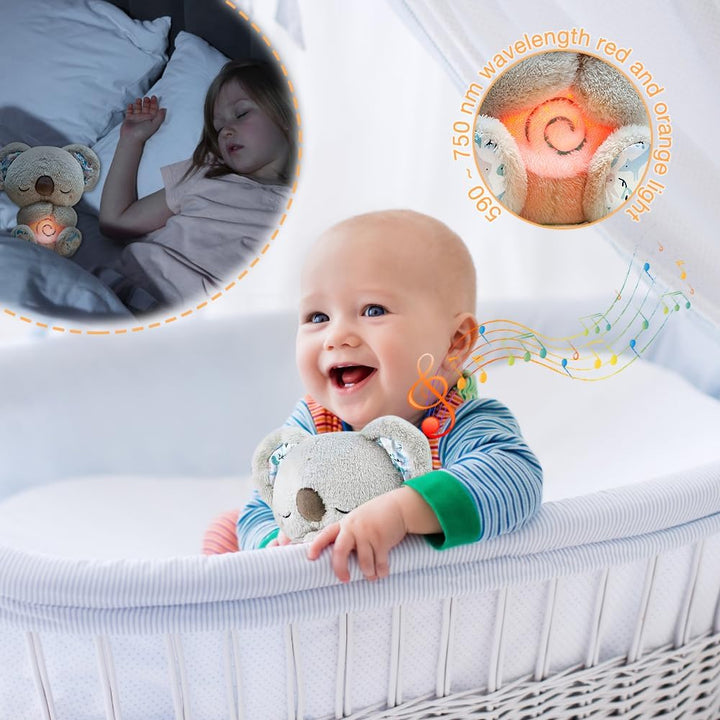 Plush teddy for kids with glowing nightlight, soothing heartbeat, realistic breathing; provides comfort and relaxation.