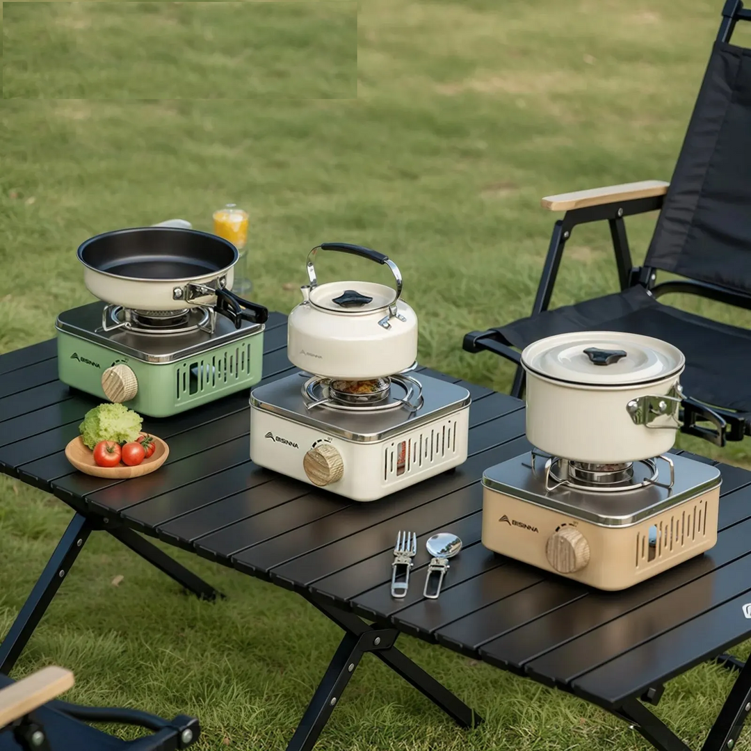 "Portable 2800W camping gas stove with compact design and carry case for efficient outdoor cooking and stability."