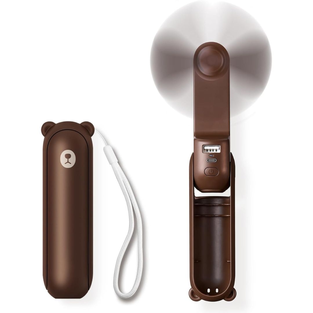 "Portable 3-in-1 mini fan with flashlight, power bank; sleek compact design, ideal for travel, outdoor activities."