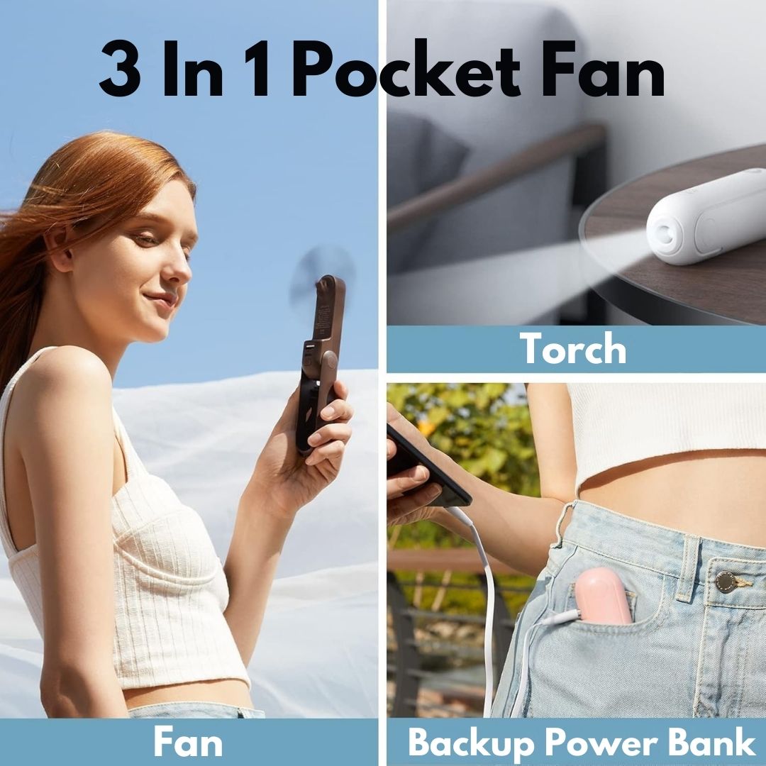 "Portable 3-in-1 mini fan with flashlight, power bank; sleek compact design, ideal for travel, outdoor activities."