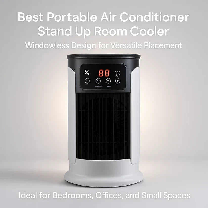 "Portable air conditioner, energy efficient, windowless design, compact and mobile, ideal for small rooms or offices."