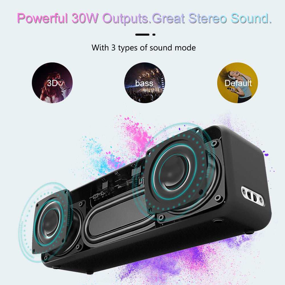 "Portable black waterproof 30W Bluetooth speaker with 4000mAh battery, dual drivers, compact for outdoor use."