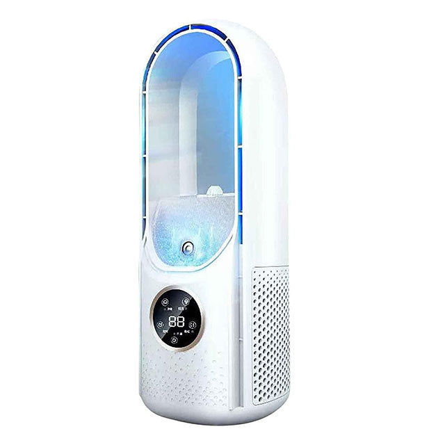 Portable blade-free silent air conditioner, blue and white, compact design, USB powered, cools rooms up to 20 m² quietly.