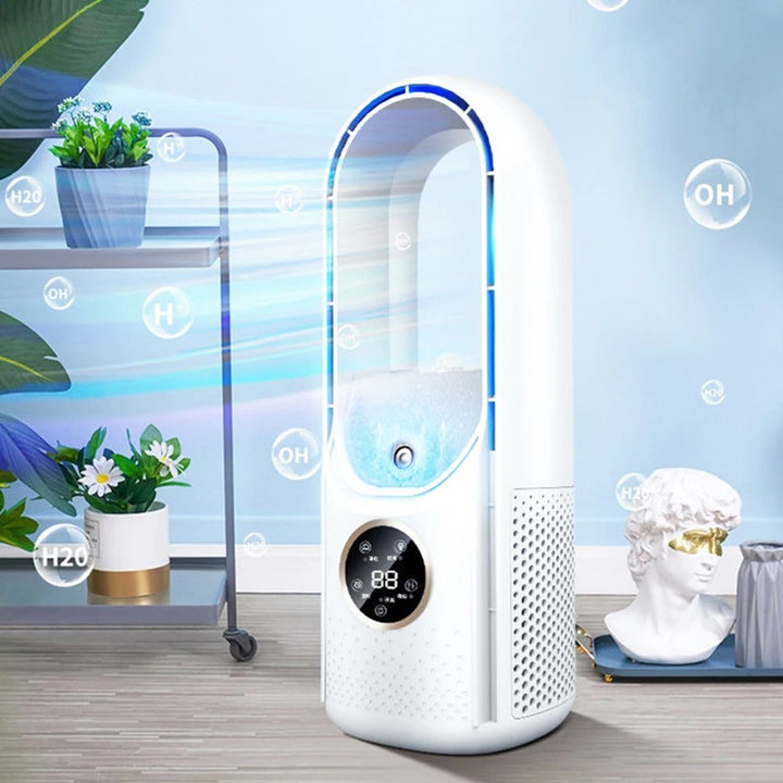 Portable blade-free silent air conditioner, blue and white, compact design, USB powered, cools rooms up to 20 m² quietly.
