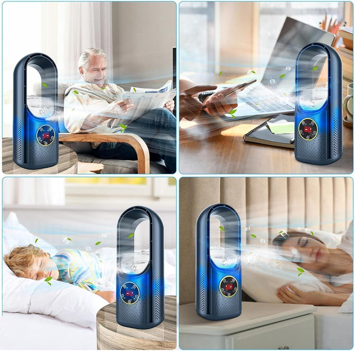 Portable blade-free silent air conditioner, blue and white, compact design, USB powered, cools rooms up to 20 m² quietly.