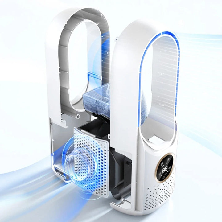 Portable blade-free silent air conditioner, blue and white, compact design, USB powered, cools rooms up to 20 m² quietly.