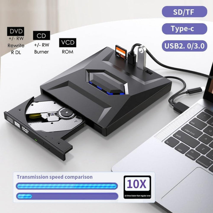 Portable external DVD/CD RW writer & player with USB hub. Perfect for laptops, data transfer, and burning media.