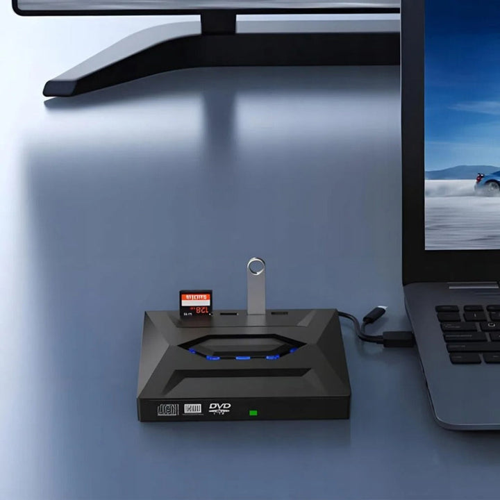 Plug & play external DVD player, CD/DVD writer with USB hub & SD card reader for easy data transfer on PC/laptop.