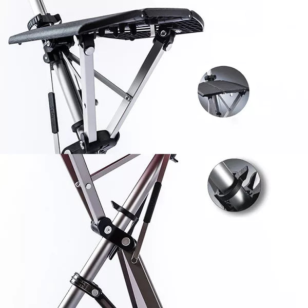 "Portable folding walking cane with seat, lightweight aluminum frame, tripod base, ergonomic handle for stability and comfort