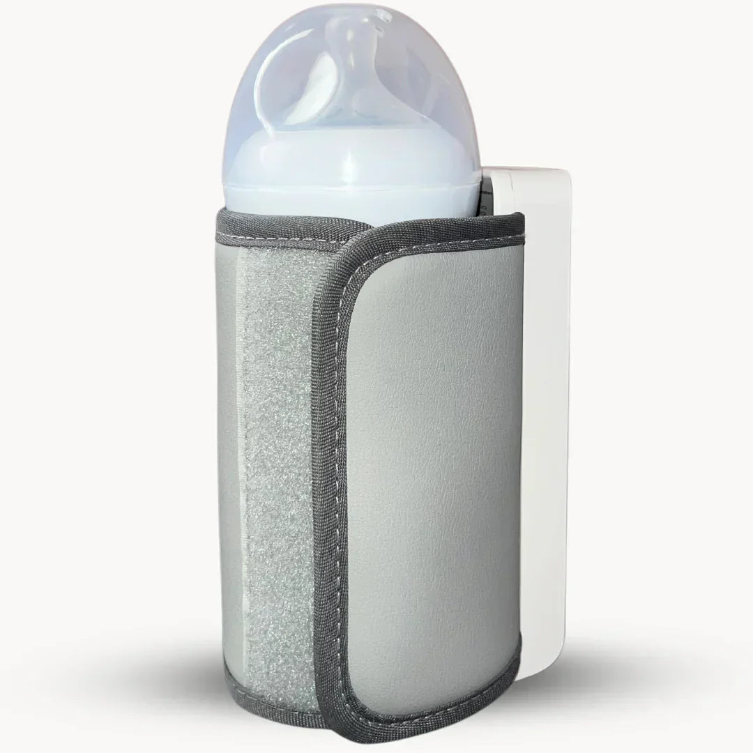 "Portable rechargeable baby bottle warmer with digital display, compact design, BPA-free, USB charging, perfect temperature."