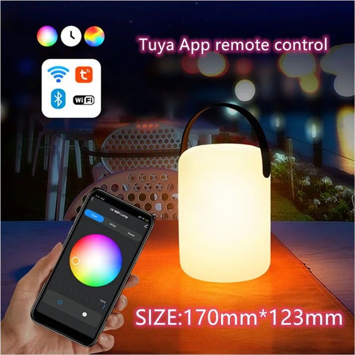 Portable waterproof cordless lamp with remote control, sleek modern design, suitable for indoor and outdoor lighting.