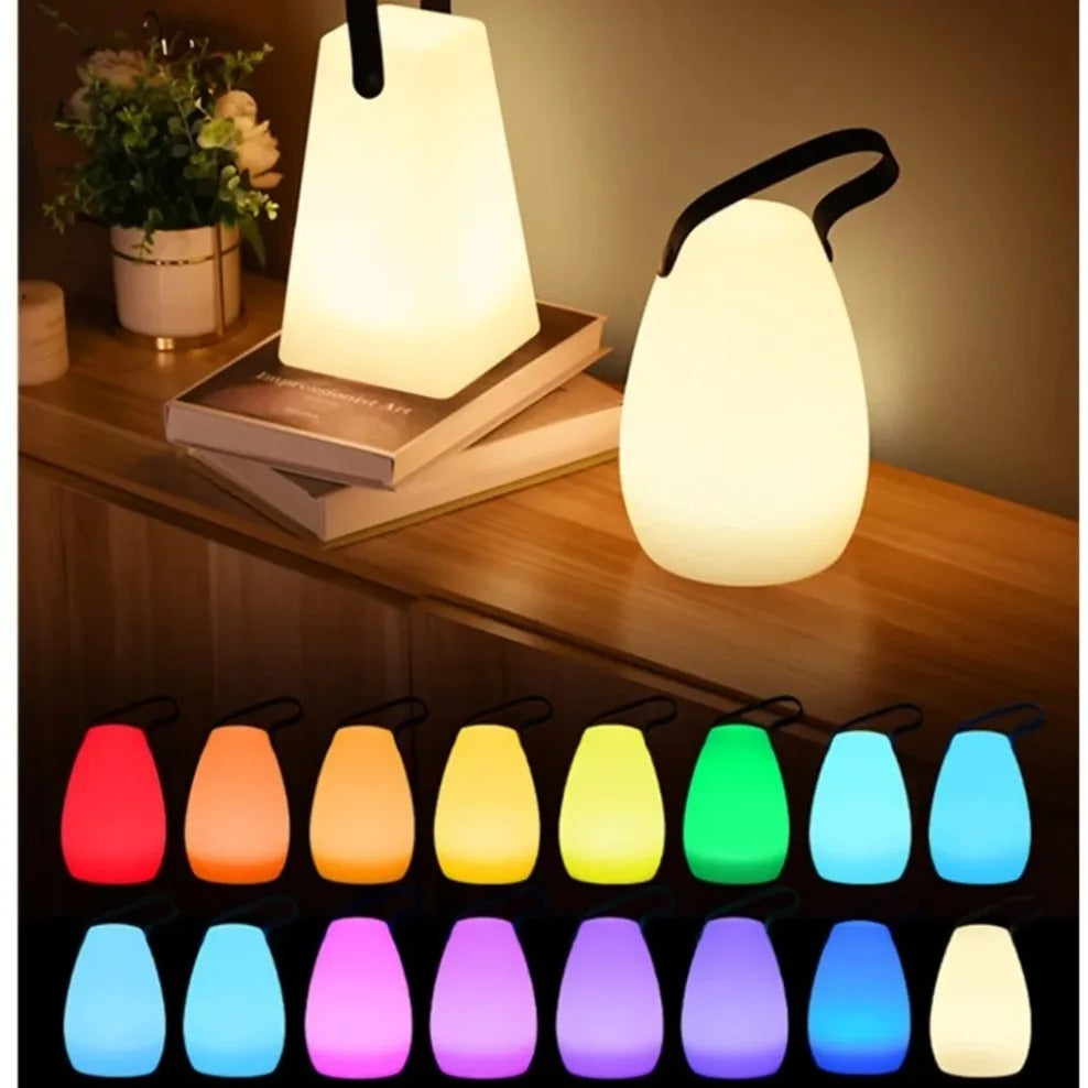 Portable waterproof cordless lamp with remote control, sleek modern design, suitable for indoor and outdoor lighting.
