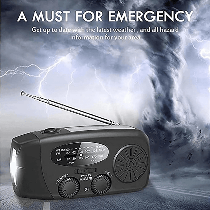 "Portable wind-up radio with LED flashlight and power bank, compact design, suitable for AM/FM/weather alerts and emergencies