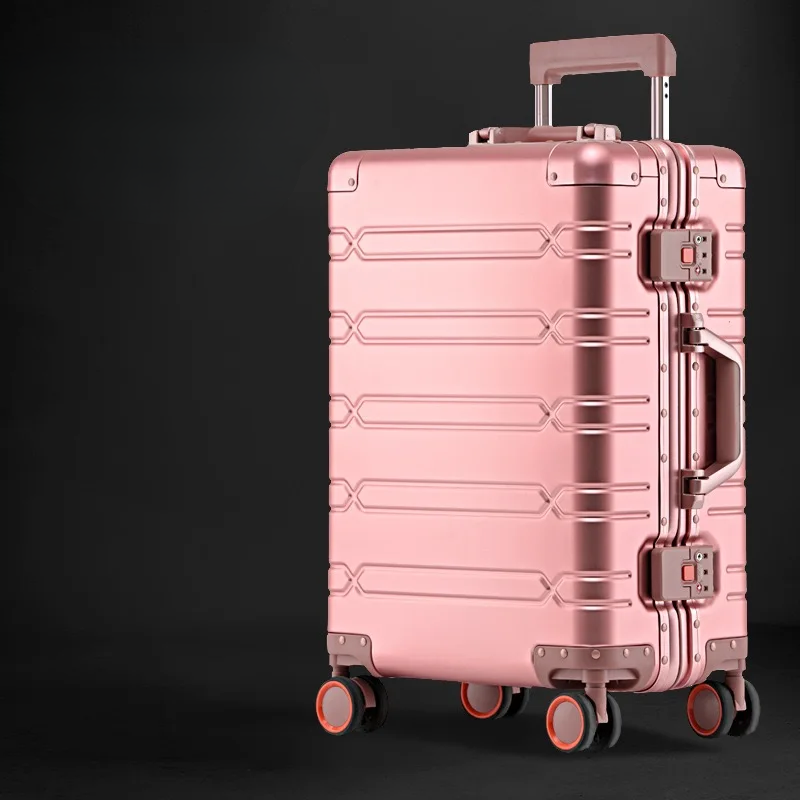 Durable aluminum magnesium travel suitcase with spinner wheels, premium hardshell protection.