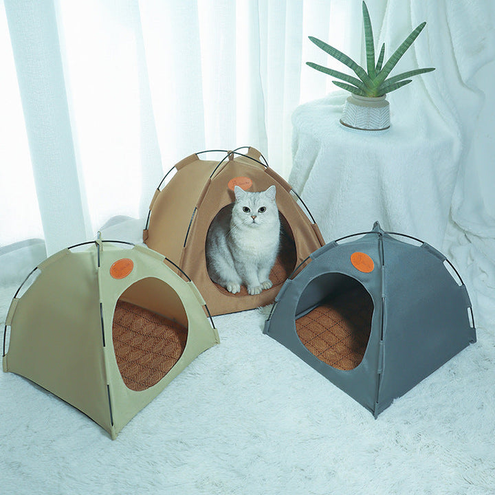 Premium cat cooling tent with rattan mat, beige, features soft padding and eco-friendly materials for feline comfort.