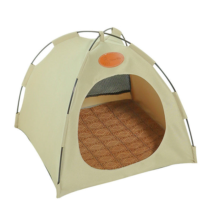 Premium cat cooling tent with rattan mat, beige, features soft padding and eco-friendly materials for feline comfort.