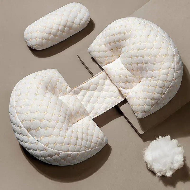"Premium maternity body pillow with cotton cover, ergonomic design, full-body support for comfort and alignment, hypoallergen