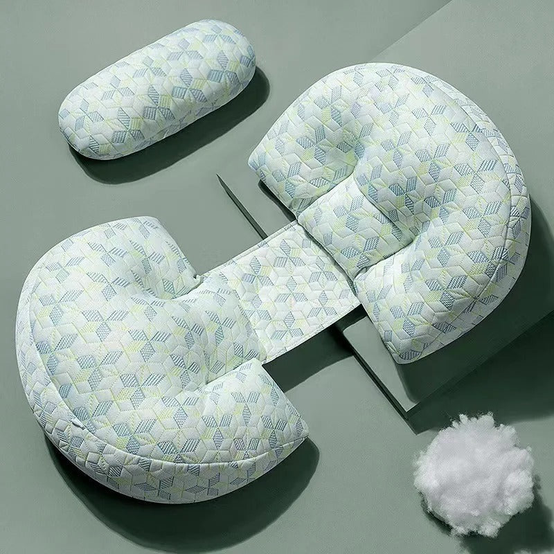 "Premium maternity body pillow with cotton cover, ergonomic design, full-body support for comfort and alignment, hypoallergen